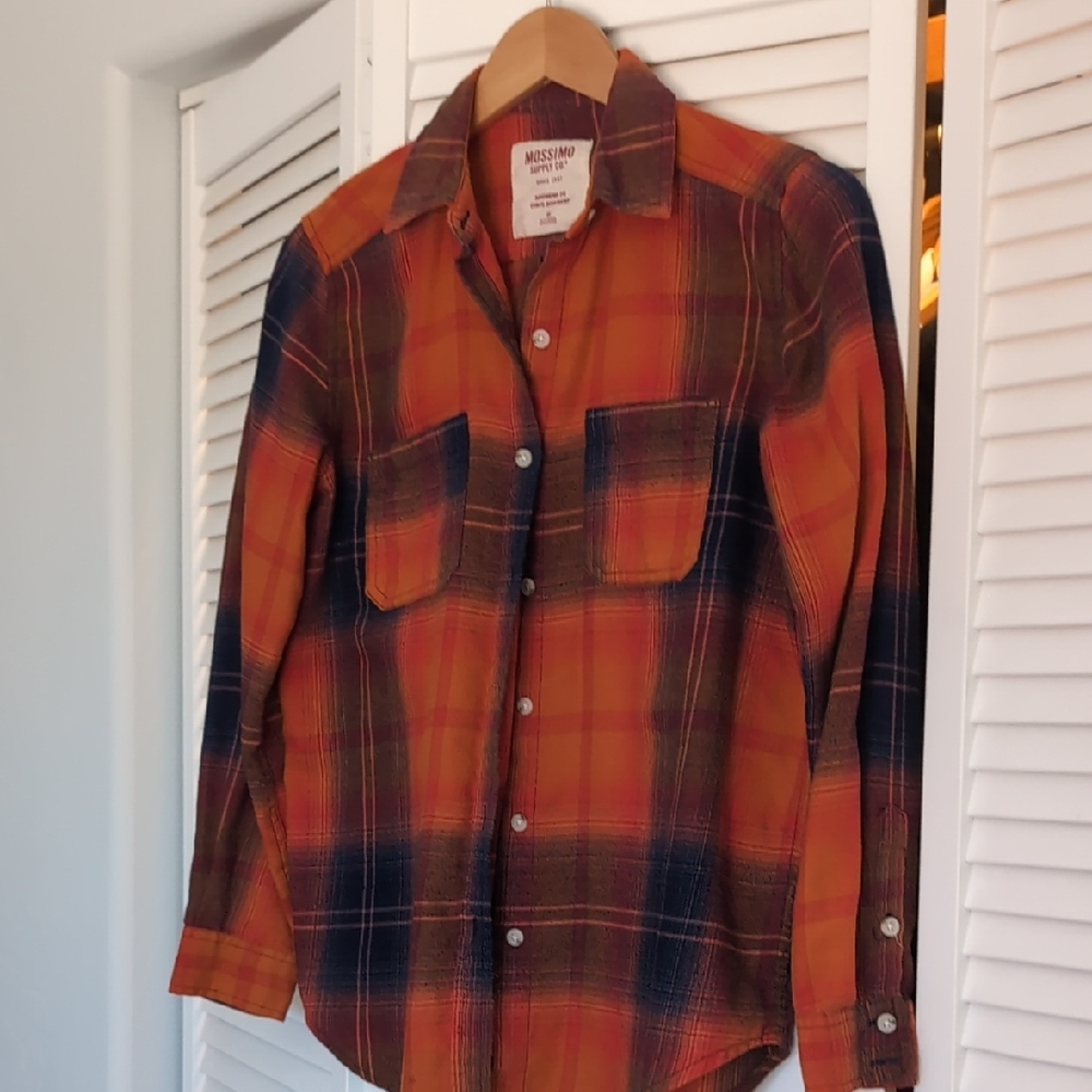 Massimo Dutti Women's Vibrant Orange and Blue Plaid Shirt